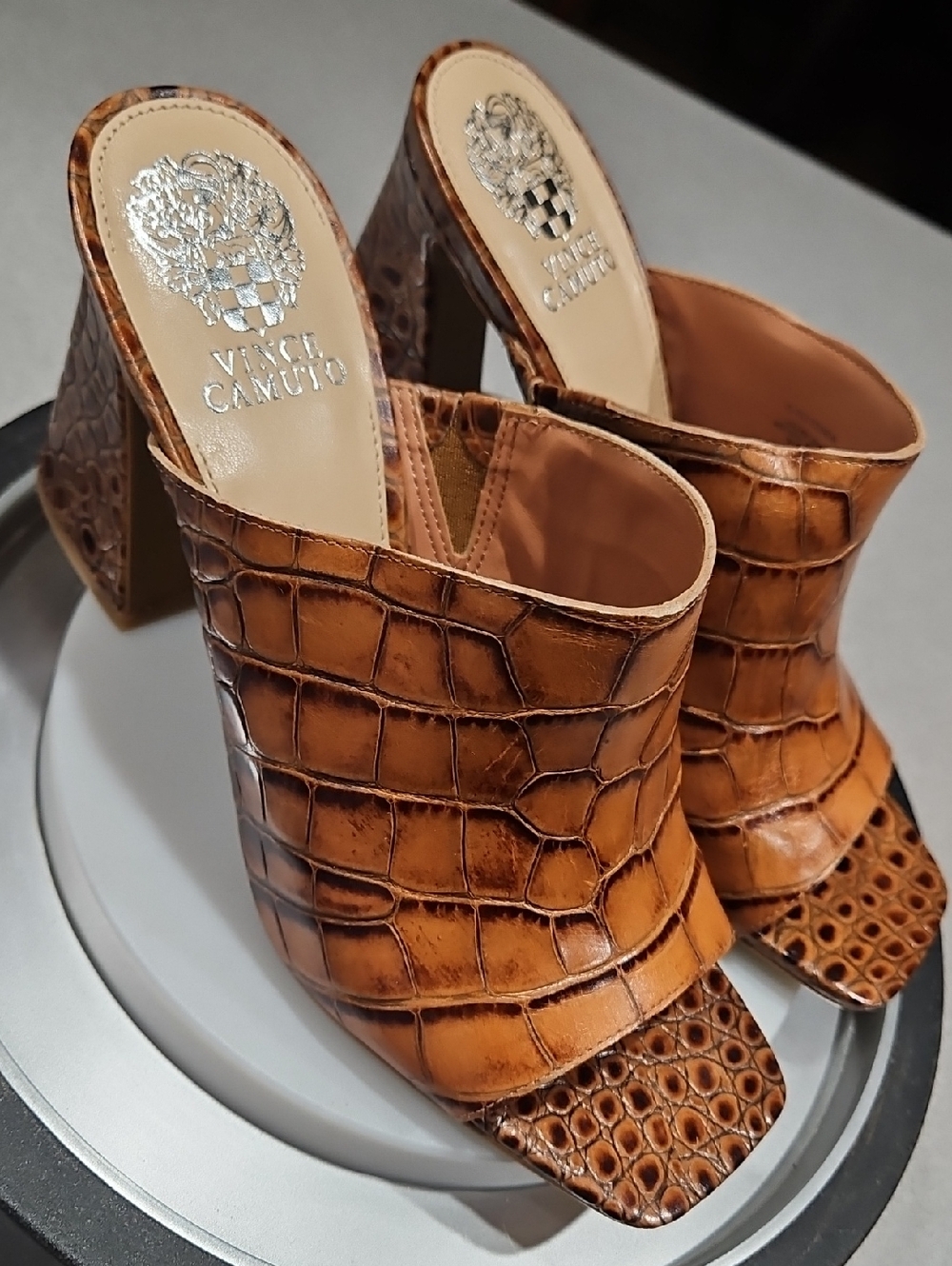 Vince Camuto Brown Croc-Embossed Open-Toe Slide Heels